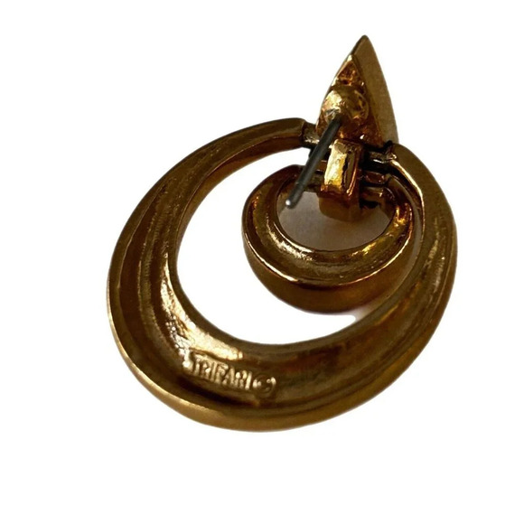 Crown Trifari Door Knocker Earrings Gold Tone Pierced Double Drops Vintage - Picture 5 of 6